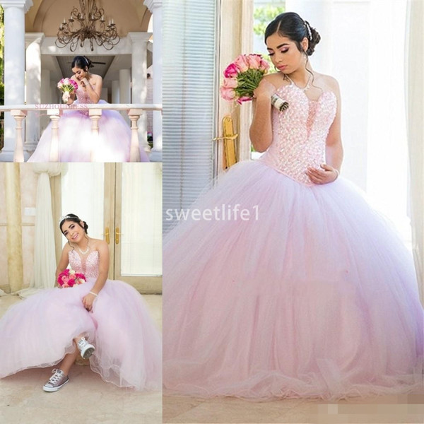 Excellent Beadings Pearls Pink Quinceanera Dresses Lovely Juniors Sweetheart Ball Gown Evening Prom Gowns Plus Size