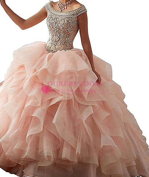 Off the Shoulder Quinceanera Dresses Beaded Crystal Ball Gown Sweet 16 Dresses Ruffles Tulle Prom Dresses Lace Up