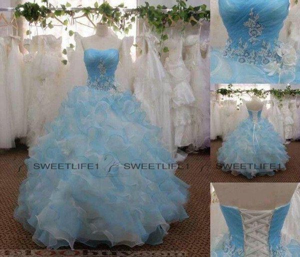 Quinceanera Dresses White Light Sky Blue Organza Ball Gown Prom Gowns Floor Length Tiered Skirt Lace Up Back Appliques Bead Bodice