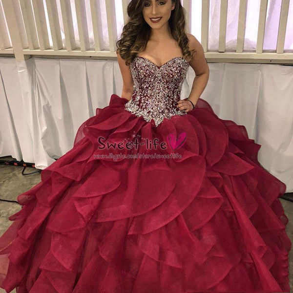 Strapless 16 Princess Quinceanera Dresses Burgundy Luxury Birthday Party Dress Crystals Rhinestones Plus Size Evening Prom Ball Gown