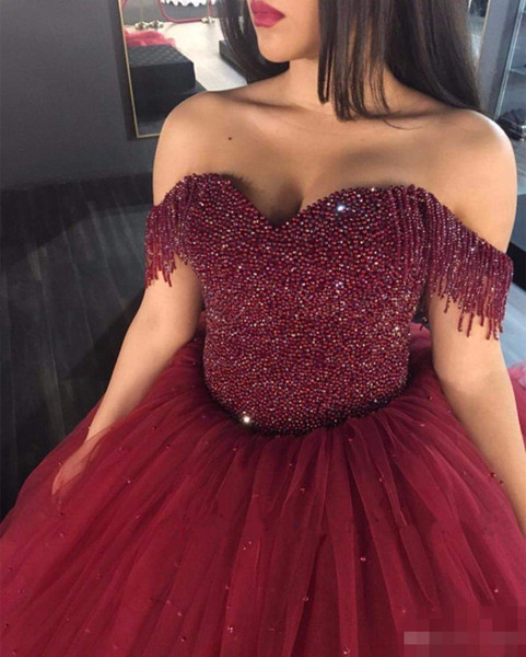 Burgundy Off The Shoulder Quinceanera Dresses Ball Gowns Plus Size Bling Pearls Beaded Sweet 16 Dresses Puffy Tulle Dresses For 15