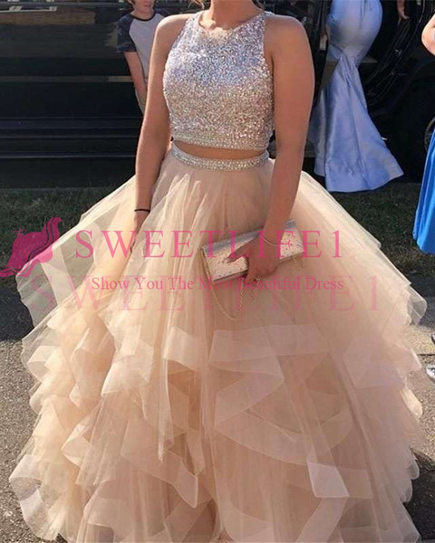 Elegant Champagne Two Piece Quinceanera Dresses Sequins Beaded Ball Gown Ruffles Tiered Skirts Sweet 15 Formal Evening Occasion Dresses