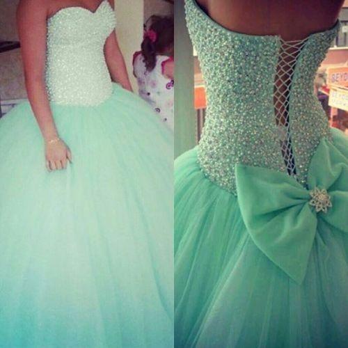 Mint Green Beaded Pearls Ball Gown Quinceanera Dresses Sweetheart Neckline Sleeveless Lace Up Back Lovely Bow Cheap Prom Pageant Gowns