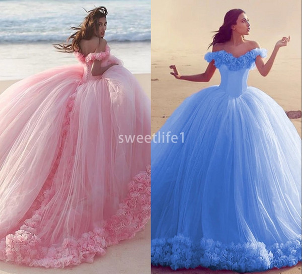 Pink Quinceanera Gowns Princess Cinderella Formal Long Ball Gown Prom Evening Dresses Chapel Train Off Shoulder 3D Flower