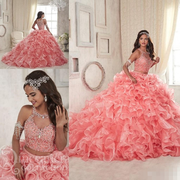 Coral Lace Organza Two Pieces Quinceanera Dresses Modest Ruffles Sweet 16 Ball Gown Plus Size Masquerade Sheer Prom Occasion Dress