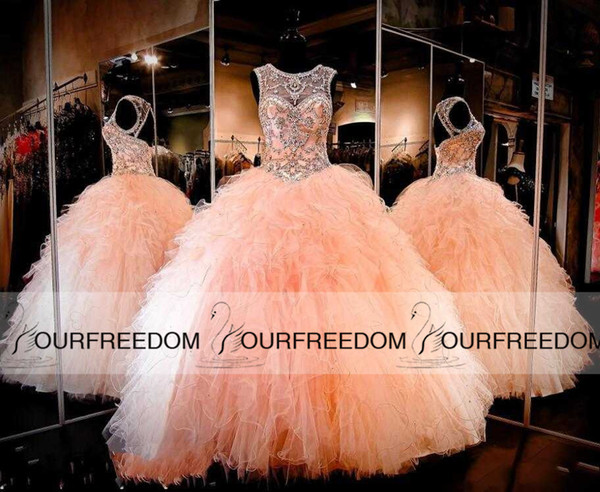 Blush Peach Backless Ball Gown Quinceanera Dresses Rhinestone Crystals Sheer Jewel Sweet 16 Ruffles Skirt Princess Prom Party Gowns