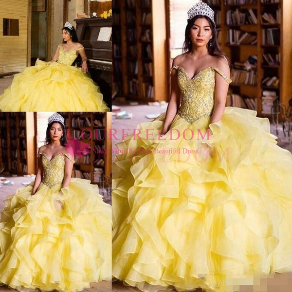 Yellow Princess Ball Gown Quinceanera Dresses New Off Shoulder Cascading Ruffles Crystal Beads Sweep Train Prom Party Gowns For Sweet 16