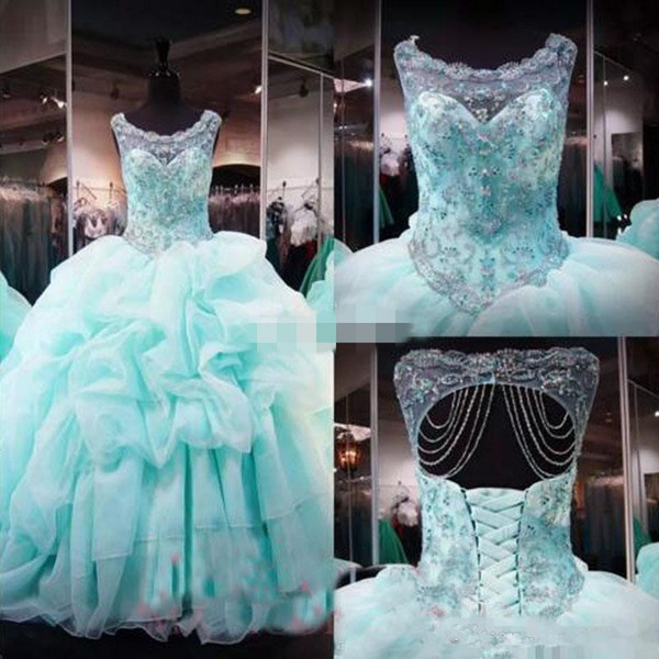 Light Blue Quinceanera Dresses Ball Gown Sheer Neck Beads Crystals Sweet 16 Prom Dresses Plus Size Long Organza Ruffled Gowns Corset