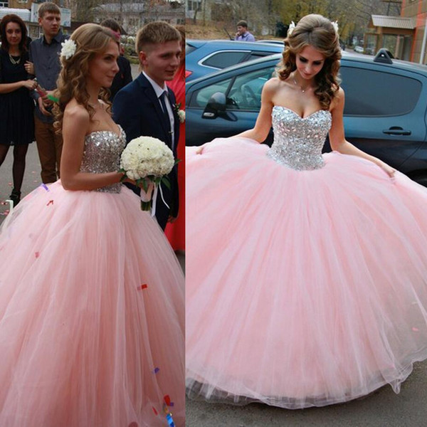 Modest Ball Gown Sweetheart Pink Quinceanera Dresses Long Tulle Beading Custom Made Floor Length Long Prom Dresses for Juniors Custom