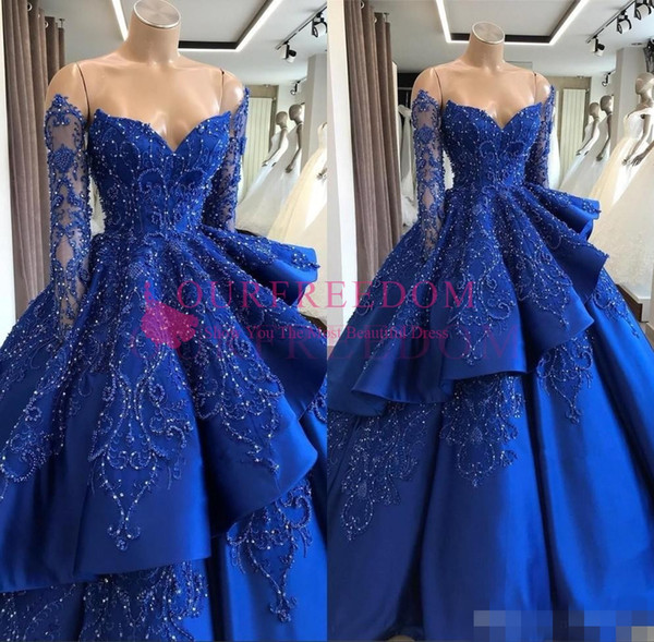 Off The Shoulder Satin Quinceanera Dresses Long Sleeve Embroidery Beaded Layered Ball Gown Sweep Train Party Princess Dresses