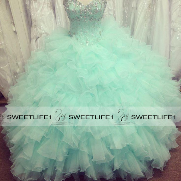 Customized Light Green Quinceanera Dresses Ball Gown Real Image Sweetheart Beaded Crystals Organza Prom Gowns Floor Length