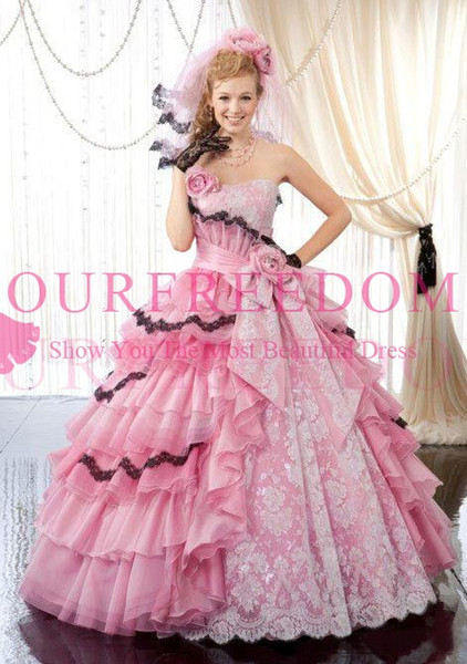 Strapless Pink Ball Gown Quinceanera Dresses with Handmade Flowers Bow Embroidery Crystals Lace Tulle Summer Beach Prom Pageant Dresses