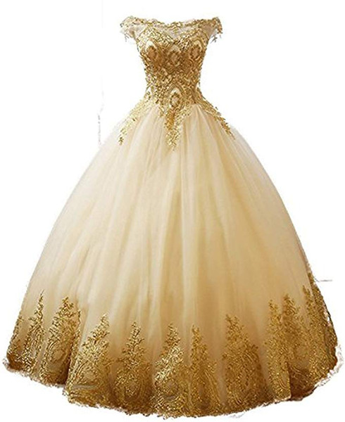 Real Image Gold Lace Applique Quinceanera Dresses Prom Bateau Ball Gown Sweet 16 Formal Occasion Prom Evening Dresses Custom Made