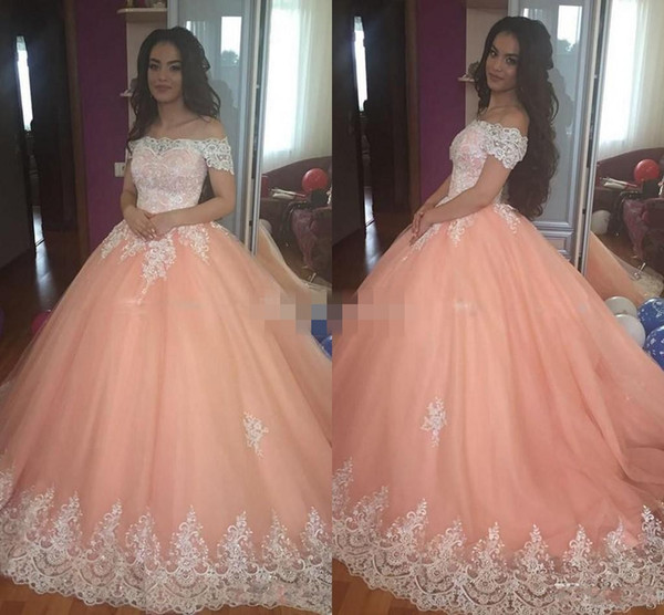 Sweet 16 Peach Quinceanera Dresses Off Shoulder Appliques Puffy Corset Back Ball Gown Princess 15 Years Girls Prom Party Gowns Custom