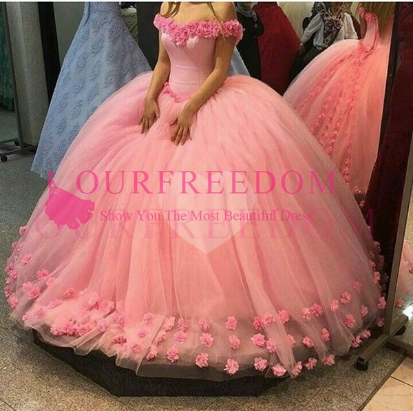 New Puffy Pink Quinceanera Gowns Princess Cinderella Formal Long Ball Gown Formal Occasion Dresses Chapel Train Off Shoulder 3D Flowers