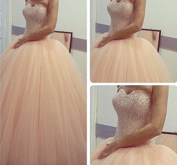 Long Ball Gowns Sweetheart Sleeveless Beaded Quinceanera Dresses Champagne Colored Formal Evening Gowns