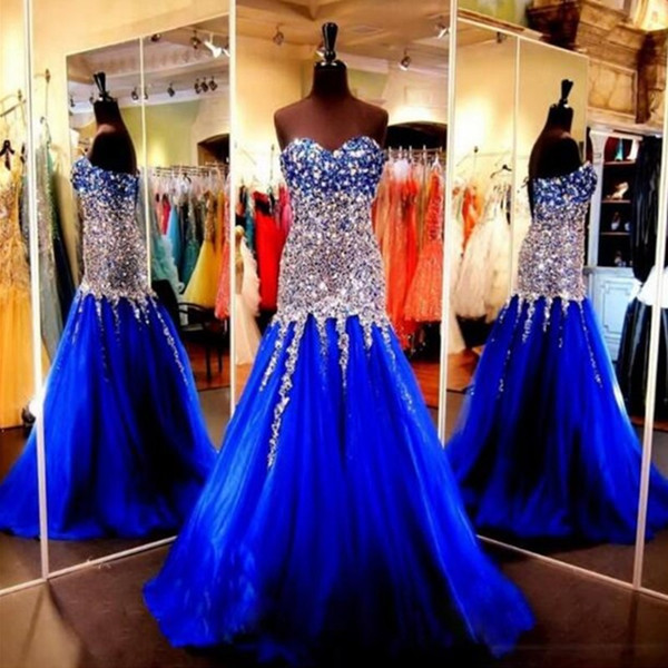 Bling Bling Beaded quinceanera Dresses Royal Blue Sweetheart Lace Up Evening Gowns Sexy Floor Length Cocktail Party Dress Custom Made