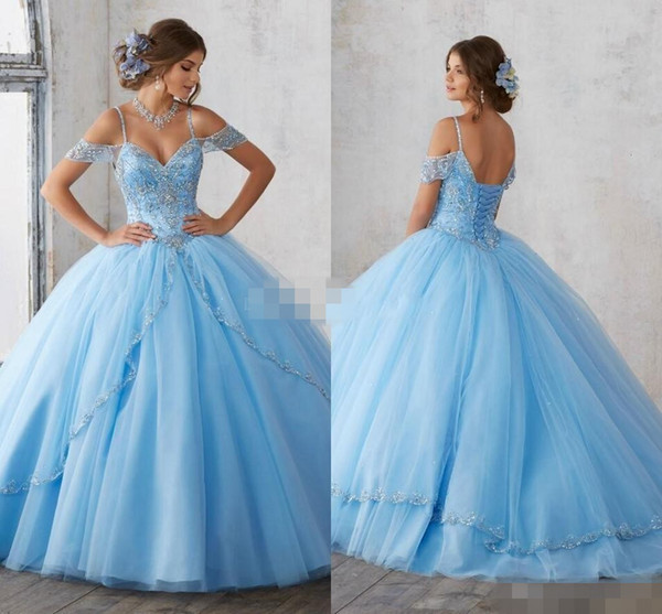 Light Sky Blue Ball Gown Quinceanera Dresses Cap Sleeves Spaghetti Beading Crystal Princess Prom Party Dresses For Sweet 16 Girls