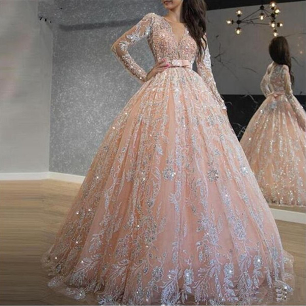 Sparkly Pink Quinceanera Dresses Sequin Lace Ball Gown Prom Dresses Jewel Neck Long Sleeve Sweet 16 Dress Long Formal Evening Wear