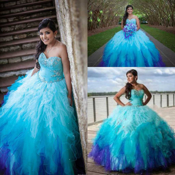 Blue Sweetheart Rainbow Colored Quinceanera Dresses Crystal Beading Tulle Ruffle Skirt Ombre Sweet 15 Ball Gown Puffy Long Prom Gowns