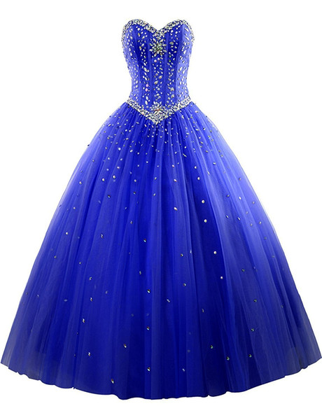 Royal Blue Cheapest Stock Ball Gown Quinceanera Dresses Beaded Sweet 16 Year Lace-up Prom Party Evening Gown Vestidos De 15 Anos QC1406