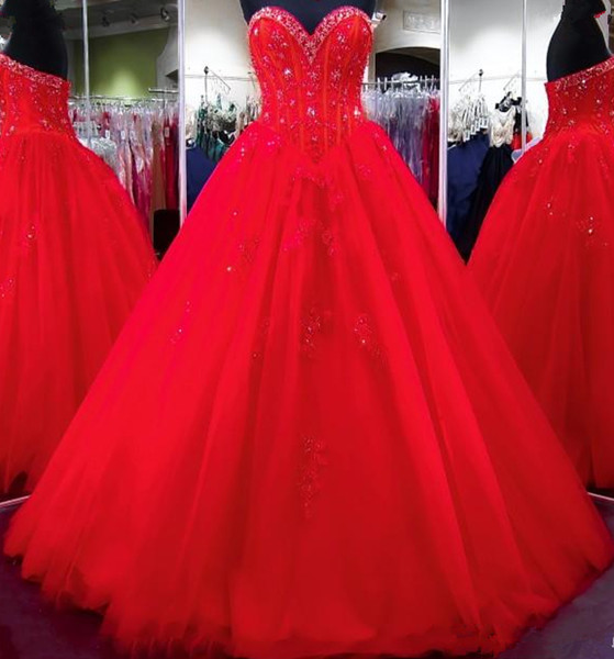 Luxury Ball Gown Red Quinceanera Dresses Prom Party Crystals Beaded Appliques Girl Pageant Dresses Sweet 16 Gowns QC1494