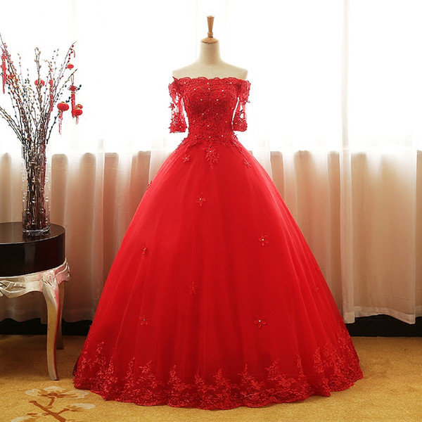 Real Photo Red Lace Cheapest Ball Gown Quinceanera Dresses Beaded Sweet 16 Year Prom Party Evening Gown Vestidos De 15 Anos QC1463