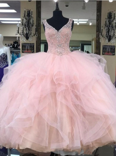 New Cheap V-Neck Bling Sequins Ball Gown Quinceanera Dresses Beaded Party Prom Formal Gown Vestidos De 15 Anos QC1482