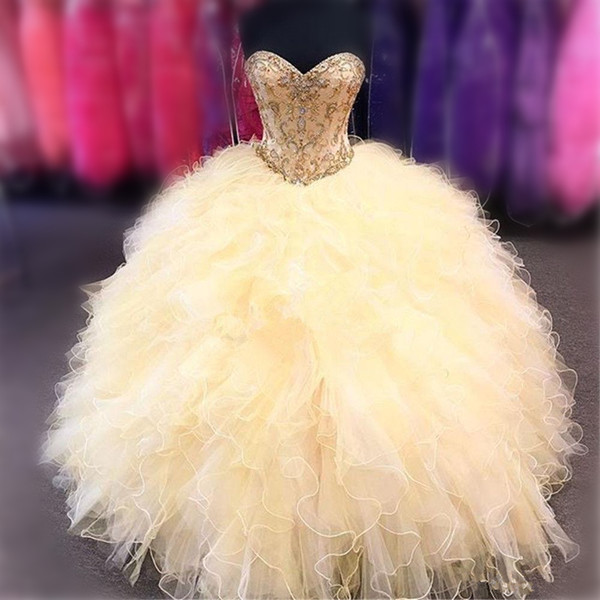 Luxury Real Image Gold Lace Applique Ball Gown Quinceanera Dresses Prom Party Crystals Beaded Girl Pageant Sweet 16 Gowns QC1499