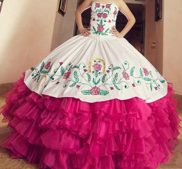 Luxury White And Fuchsia Ball Gown Vintage Quinceanera Dresses With Embroidery Girl Pageant Dresses Sweet 16 Gowns QC1494