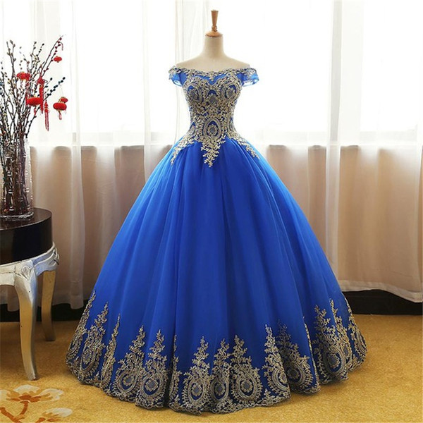 Blue Quinceanera Dresses Tulle With Gold Appliques Lace Sweet 16 Dresses Ball Gowns Vestidos De 15 Anos QC1466