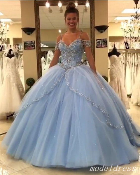 Princess Light Sky Blue Quinceanera Dresses Spaghetti Sweep Train Major Beading vestidos de quinceañera Prom Party Gowns For Sweet 15