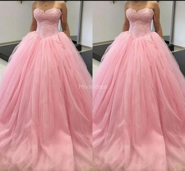 Modern Lace Pink Quinceanera Dresses Sweetheart Appliques Sweep Train Tulle Sexy Party Prom Gown For Sweet 16 Plus Size Vestidos Custom