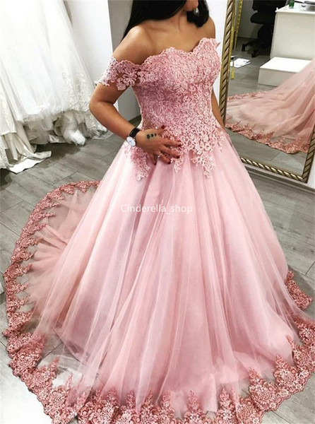 Charming Pink Lace Tulle Quinceanera Dresses Off The Shoulder Appliques Ball Gowns Lace-Up Back Formal Prom Party Gowns Sweet 16 Dresses