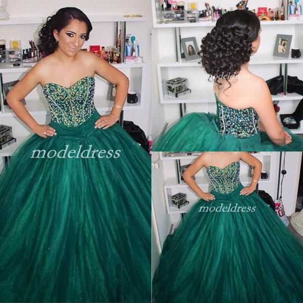 Dark Green Ball Gown Quinceanera Dresses Sweetheart Crystal Beads Lace Up Prom Party Gowns For Sweet 15 vestido de 15 anos