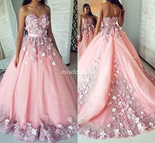 Sweet Arabric Quinceanera Dresses Sweet Heart Sweep Train 3D Flowers Appliques Prom Party Gowns For Sweet 16 vestidos de quinceañera