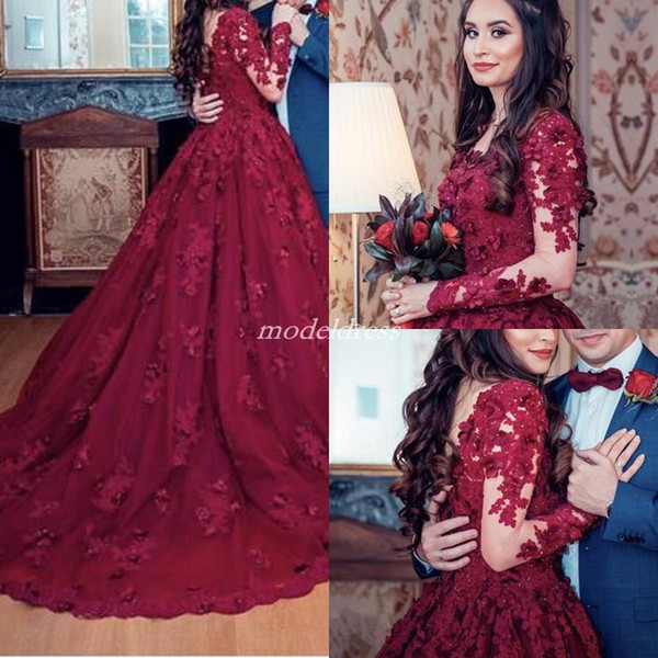 Dark Red Quinceanera Dresses Sheer Jewel Neck Long Sleeve Sweep Train Appliques Prom Party Gowns For Sweet 16 vestidos de quinceañera