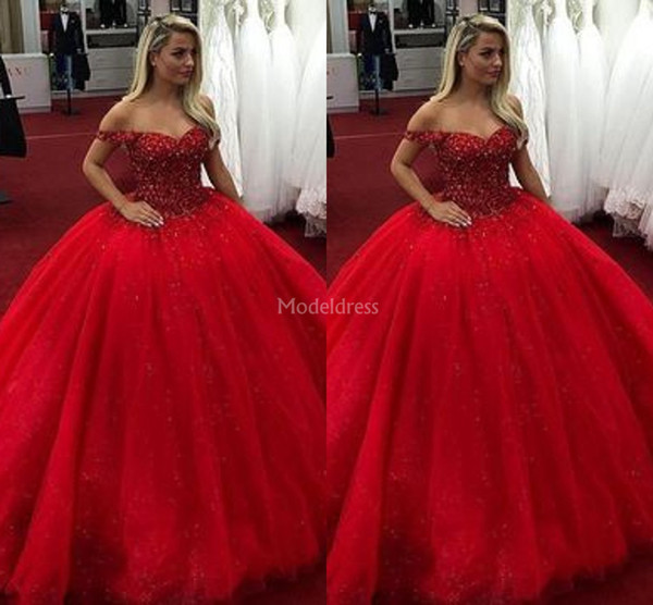 Gorgeous Red Quinceanera Dresses Off Shoulder Ball Gowns Sweep Train Beads Party Evening Gowns For Sweet 16 Crystals Plus Size Vestidos