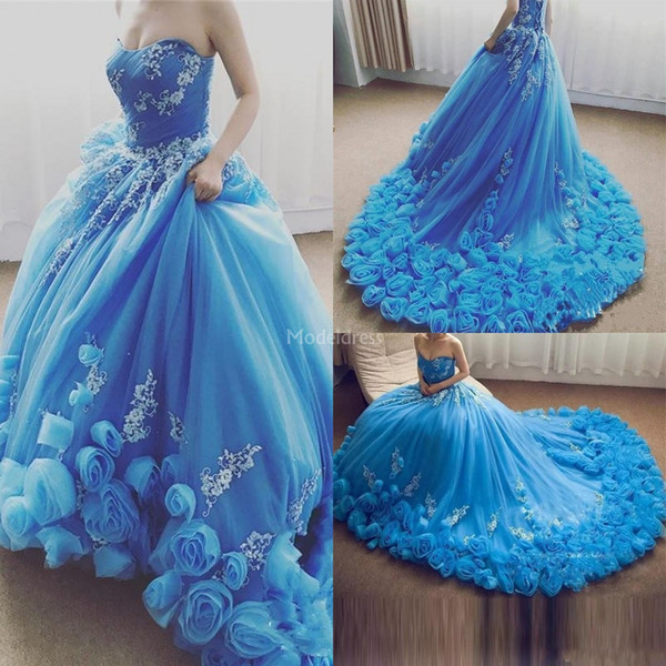 Charming 3D Hand Made Flowers Quinceanera Dresses Sweetheart Appliques Sweep Train Tulle Formal Party Evening Gowns Ball Gowns Vestidos