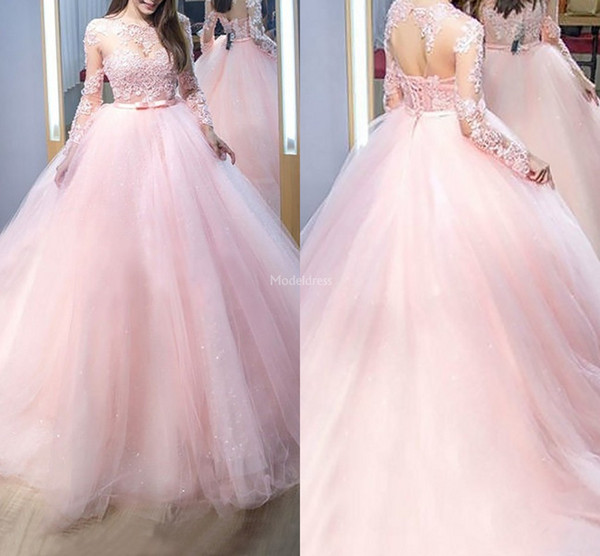 Charming Lace Pink Quinceanera Dresses Illusion Long Sleeves Open Back Appliques Formal Party Dresses Princess Ball Gown Vestidos De 16 Anos