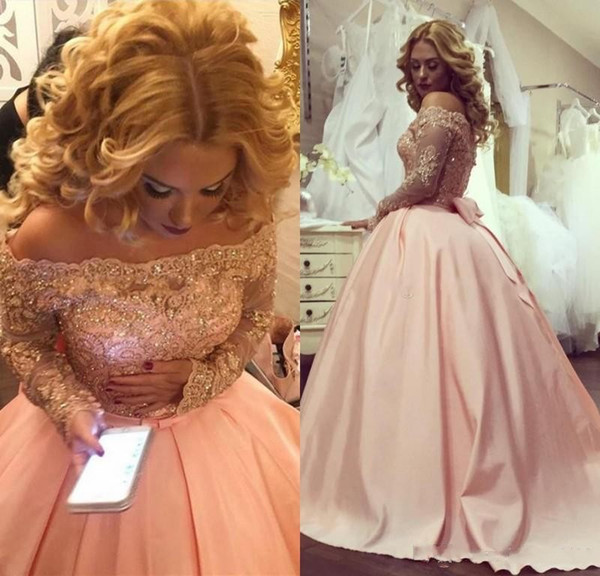 Blush Quinceanera Dresses Off Shoulder Appliques Long Sleeve Ball Gown Princess 16 Sweet Girls Prom Special Occasion Gowns Cheap Custom