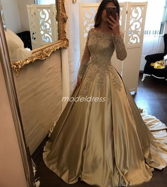 Gold Ball Gown Quinceanera Dresses Long Sleeve Bateau Appliques Sweep Train Beads Prom Party Gowns For Sweet 15 vestidos de quinceañera