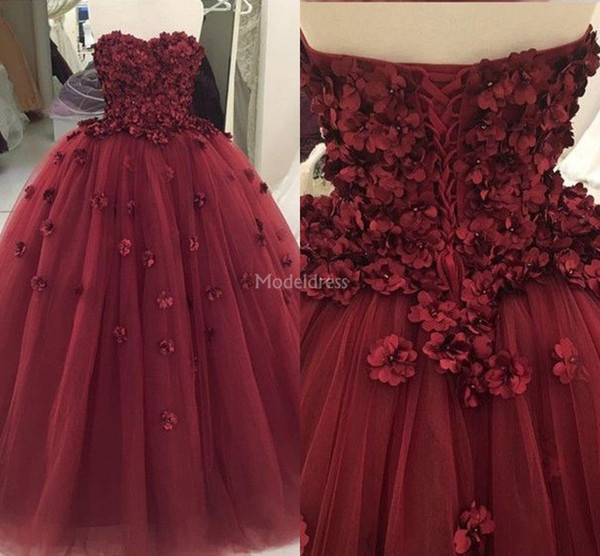 Gorgeous Hand Made Flowers Quinceanera Dresses Strapless Ball Gowns Sweep Train Special Occasion Dress For Sweet 16 Modern Evening Prom Gown