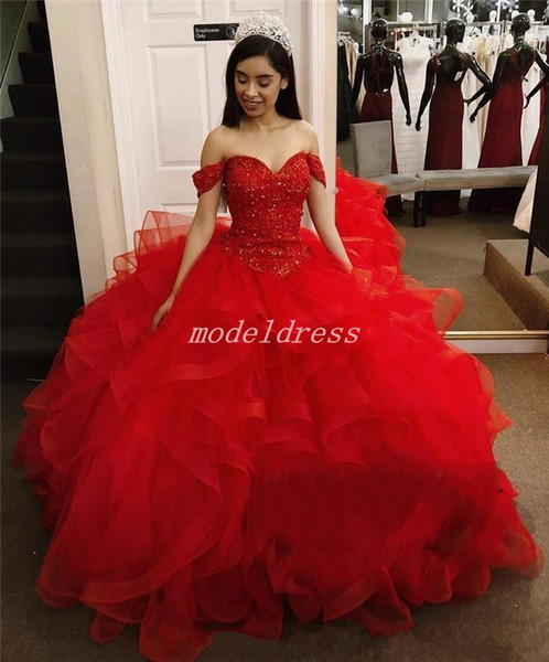 Classic Red Off Shoulder Ball Gown Quinceanera Dresses Cascading Ruffles Sweep Train Appliques Beads Prom Party Gowns For Sweet 15