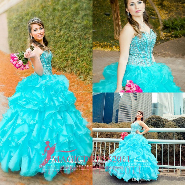 Blue Quinceanera Dresses Floral Beaded Sweetheart Princess Ball Gown Sweet 16 Organza Pleated Princess Prom Dress Evening Gowns Cheap