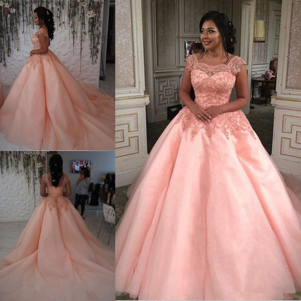 Gorgeous Pink Ball Gown Quinceanera Dress Cap Sleeves Draped Square Neckline Beading Pink Evening Gowns Court Train