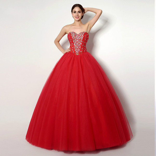 Red Cheap Quinceanera Dresses Ball Gown Sweetheart Floor Length Tulle Sequins Crytals Sweet 16 Dresses Custom Made