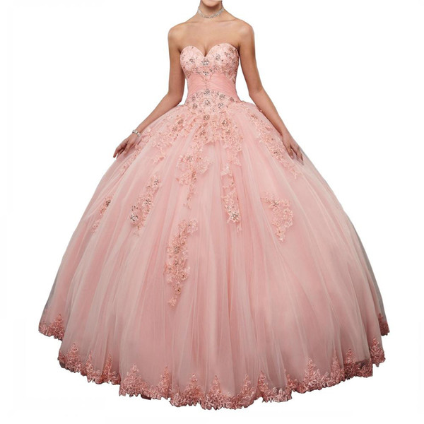 Latest Pink Quinceanera Dress Sweetheart Lace Appliques Crystals Beaded Tulle Sweet 16 Years Party Dresses Vestidos Corset Ball Gown