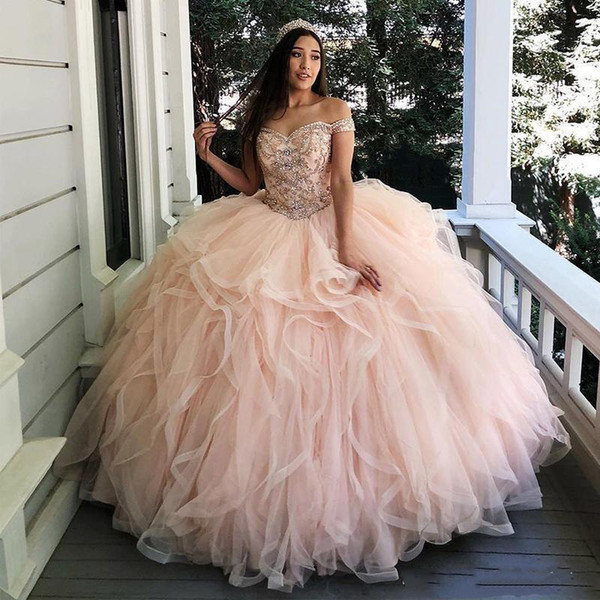 Charming Ruffles Tiered Light Pink Quinceanera Dresses Off Shoulder Appliques Crystals Beaded Sweet 16 Dress Corset Back Tulle Prom Gowns