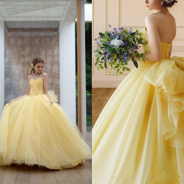 Princess Yellow Quinceanera Dresses Romantic appliques Ball Gown Evening Dresses Sweetheart Puffy Organza Appliques Sweet 16 Dress Prom Gown